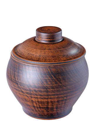 Clay ceramic pot dishware with lid isolated on whiteの写真素材