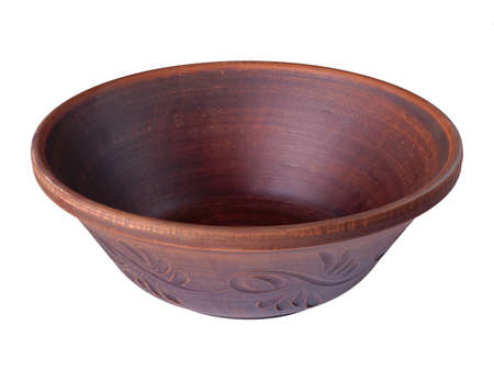 Handmade ceramic clay soup plate isolated on whiteの写真素材