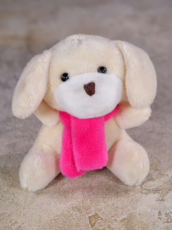 Cute beige plush puppy toy sitting ongrey boardの写真素材