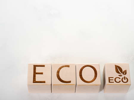 ECO text is written on wooden blocks as a concept to support ecologyの写真素材