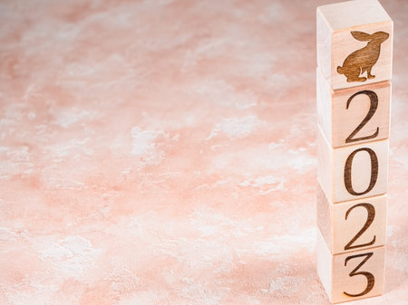 Text 2023 and the rabbit symbol on wooden cubes as a concept of motivation to implement plans