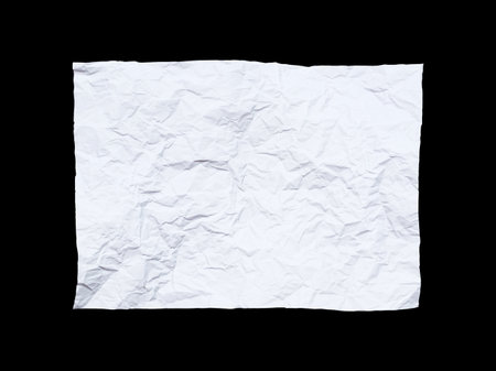 Crumpled white poster paper texture isolated on black backgroundの写真素材