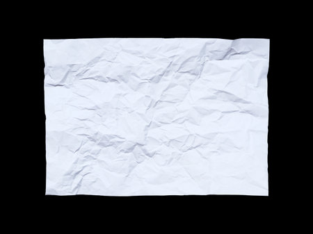 Crumpled and wrinkled blank paper poster texture isolated on black backgroundの写真素材