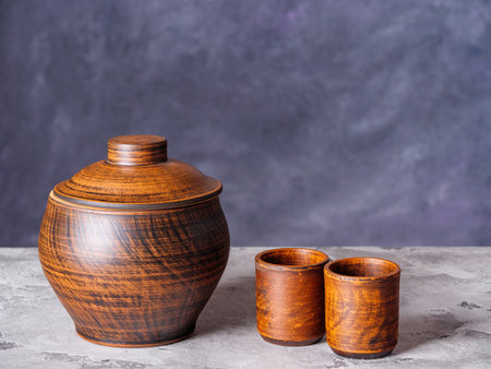 Clay pot and two empty ceramic cups on a grunge style backgroundの写真素材