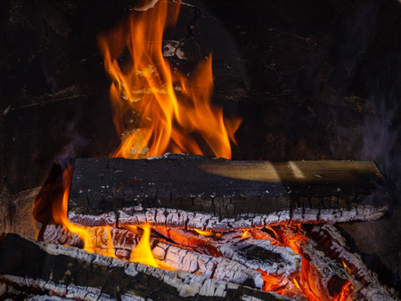 Firewood and coal are burning in the stove at homeの写真素材