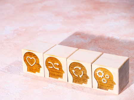 Soft, thinking and digital symbols on wooden cubes as power skills conceptの写真素材