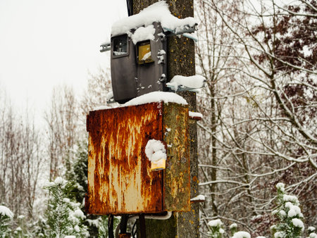 Electric transformer box in the park on a pole closed with a padlock covered with snowの写真素材