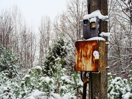 Electrical junction box in the park on a pole closed with a padlock covered with snowの写真素材