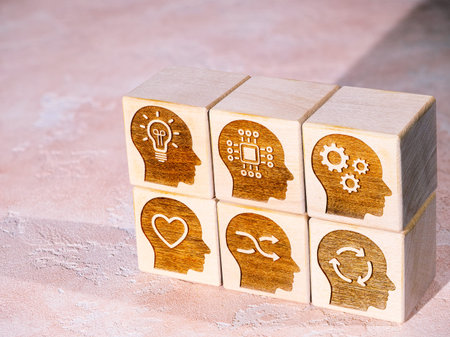 Soft power skills symbols on wood blocks as a new skill, reskilling and upskilling concept