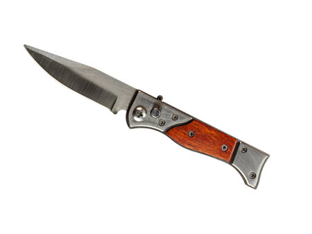 Pocket folding knife with wooden handle isolated on white backgroundの写真素材