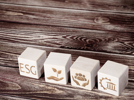 ESG symbols on wooden board as a concept of environmental conservation principles and criteriaの写真素材