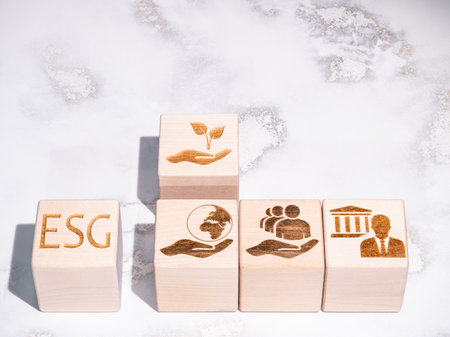ESG criteria symbols on wood blocks as a concept of company governance principlesの写真素材