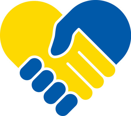 Flat icon of handshake of two hands in the colors of the Ukrainian flagのイラスト素材