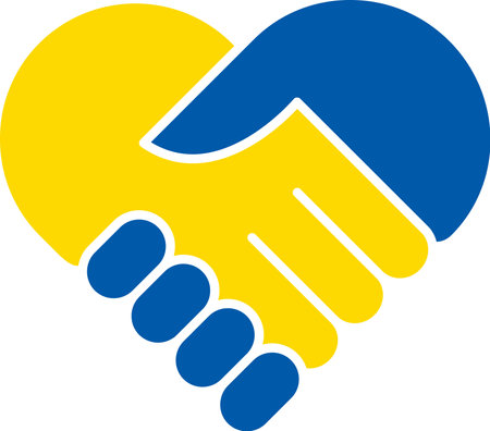 Flat icon of handshakes of two hands in the form of a heart in the colors of the Ukrainian flagのイラスト素材