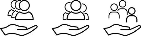 Set of line icons of group of people on palm as an employee protection and inclusive workplace conceptのイラスト素材