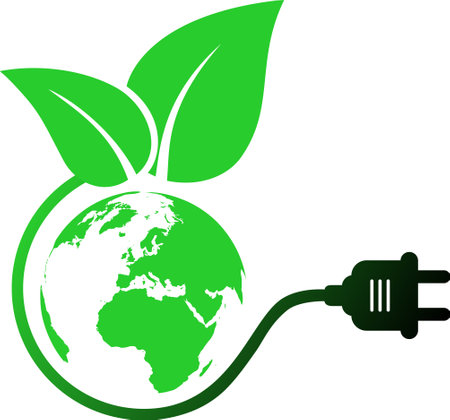 Green energy icon in the form of a wire with a plug socket and a leaf and planet Earth as a renewable energy conceptのイラスト素材