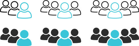 Set of people group flat and linear icons as customers, clients and employees symbolのイラスト素材