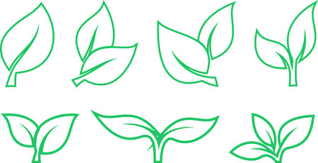 Set of linear green leaves icons as a symbols of environmental conservation principleのイラスト素材