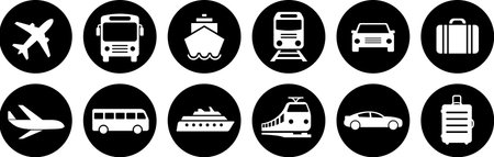 Airplane, aircraft, bus, ship, train and car icons as symbols of journey transportのイラスト素材