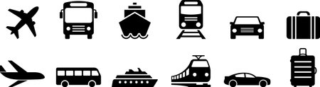 Airplane, aircraft, bus, ship, train and car flat icons as symbols of journey transportのイラスト素材
