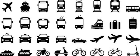 Bus, tram, trolleybus, subway, train, ship, bicycle and car flat icons as symbols of transportのイラスト素材