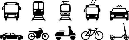 Bus, tram, trolleybus, subway, scooter, moped, bicycle and car flat icons as symbols of city transportのイラスト素材