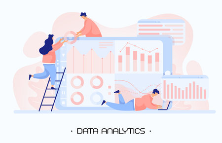 Office team analysis company dashboards and research data to improve business goals. Data analytics,...