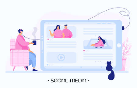 A man sits on the armchair and watches videos, news, photos, and reading articles on the tablet. The man drinks morning coffee and listening to music in his house. Modern flat vector illustration.のイラスト素材