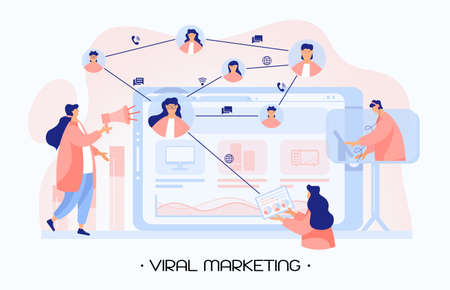 Marketing specialists start a new marketing campaign that uses viral technology and social media services. A woman analyzes statistics and watching to charts and graphs. Modern vector illustration.のイラスト素材