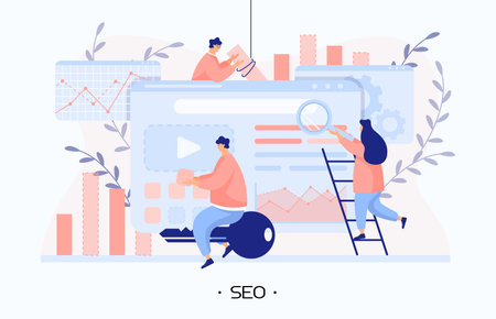 The team promote website use SEO technology and analyzing information from the internet. A man enters keywords and writes content for the website. Girl searching for mistakes on the website. Modernのイラスト素材