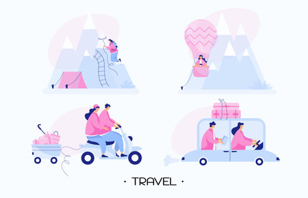 Concept of travel around the world. Man and woman romantic trip. Summer adventure on car or motorcycle. Air balloon with brave girl flies over mountains. Modern flat people vector illustration.のイラスト素材