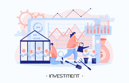 A man invested money to make a profit. A girl watering the money tree. Business people working together and developing a successful financial chart with sprouting plants. A good investment of money.のイラスト素材