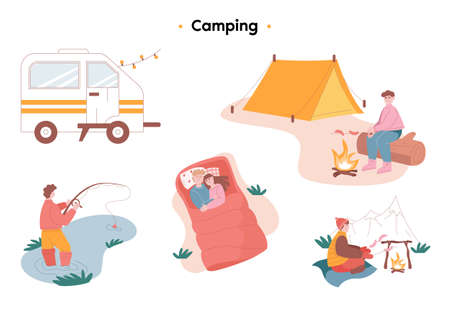 Tourists during the hike are engaged in various activities. A guy in boots stands in the lake and catches fish with a line. Loving couple sleeping in a sleeping bag outdoors. the guy makes kebabs.のイラスト素材