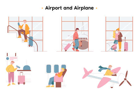 A group of people at the airport are waiting for boarding. People at check-in, in the baggage claim area of the airport, in the waiting room, or on the plane. A couple of lovers say goodbye. Vectorのイラスト素材