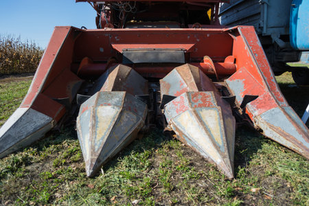 harvester for corn in the field before harvest.