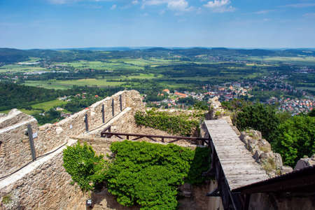 defensive walls and fortifications of a medieval castleの写真素材