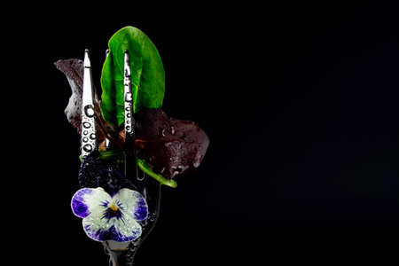 salad with violet flower on a fork.の写真素材