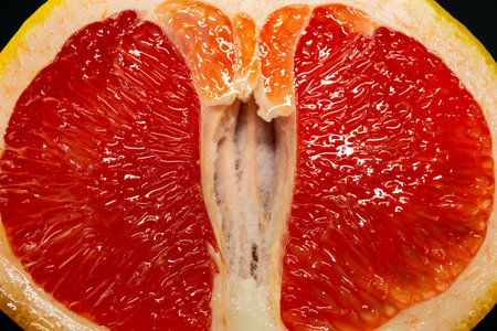 grapefruit pulp with drops of moisture on a black mirror.