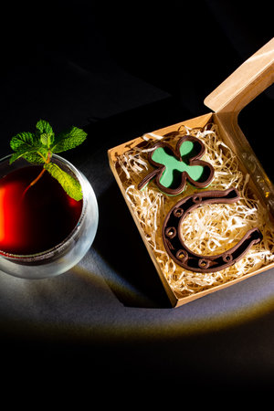 symbols of good luck - clover and horseshoe, printed with chocolate on a 3D printer.の写真素材