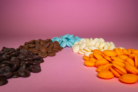raw materials of multicolored, chocolate glaze in callets.の写真素材