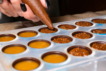 pouring the filling into candies during the manufacturing process.