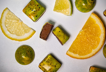 multicolored beautifully decorated handmade candies with fillings.の写真素材