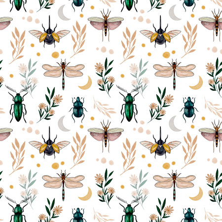 Seamless pattern with watercolor beetles. Watercolor butterflies and dragonfly background. Watercolor background with a dragonfly.の写真素材