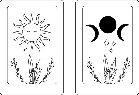 Illustration of the tarot card vector. Sun and moon line art vector. Minerals, crystals, leaves vector.のイラスト素材