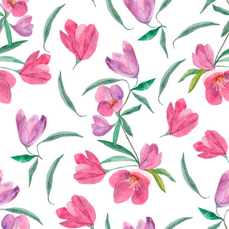 Watercolor seamless pattern with pink flowers. Watercolor with purple pink flowers pattern. Watercolor flowers. Pattern for printing on fabric, gift wrapping, invitations.の写真素材