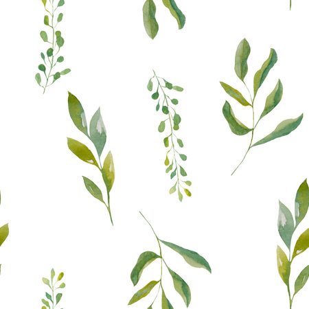 seamless pattern with leaves. Watercolor pattern with leaves. Green seamless background. Watercolor twigs. watercolor floral illustration on a white background. Seamless background with summer motifsの写真素材