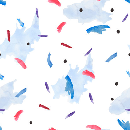 Seamless pattern with watercolor spots and splashes. Abstract background with spots. Blue and pink watercolor spots. Pattern for textiles, invitations, open, paper packagingの写真素材