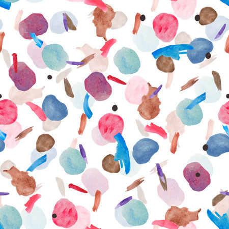 Seamless pattern with watercolor spots and splashes. Abstract background with spots. Blue, purple, pink and brown watercolor spots. Pattern for textiles, invitations, open, paper packagingの写真素材