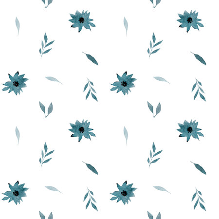 Seamless pattern with flowers. Background with blue watercolor flowers. Monochrome flowers background. Botanical illustration minimal style. Watercolor flowers for printing on postcards.の写真素材