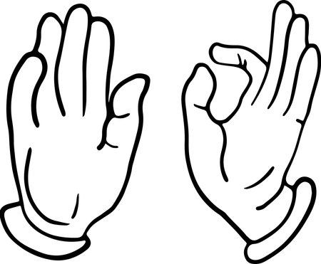 Hands vector graphics. Various gestures of human hands are isolated on a white background. Vector flat illustration of womens hands in various situations. The Buddhas hand. Buddhist symbolのイラスト素材